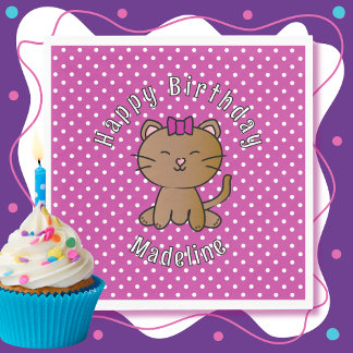 Cute Purple Cat Cartoon Sweet Kid's Birthday Party Napkins