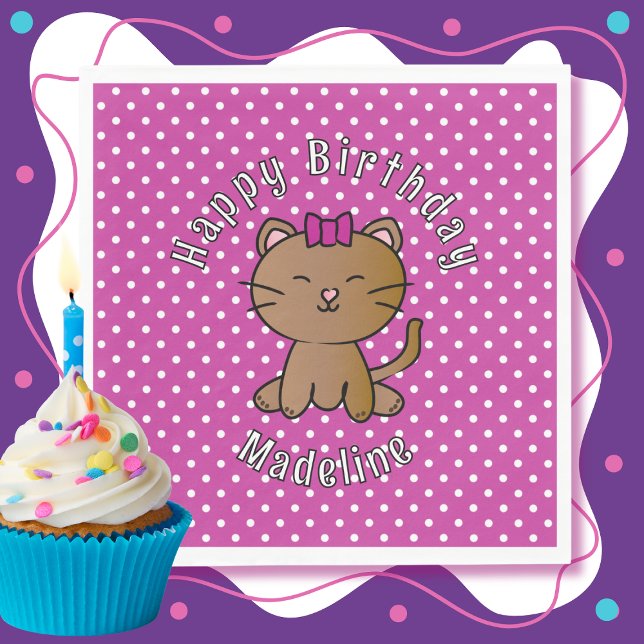 Cute Purple Cat Cartoon Sweet Kid's Birthday Party Napkins (Creator Uploaded)