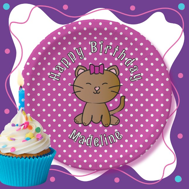 Cute Purple Cat Cartoon Sweet Kid's Birthday Party Paper Plates (Creator Uploaded)