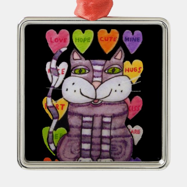 Cute Purple Cat Green Eyes Candy Hearts Black Metal Ornament (Front)