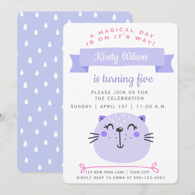 Cute Purple Cat | Kids Birthday Invitation (Front/Back)