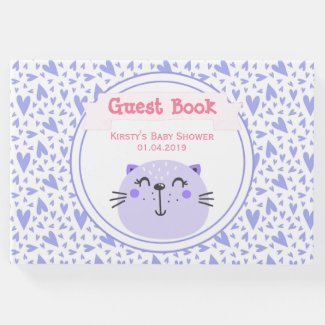 Cute Purple Cat | Lilac Hearts Baby Shower Guest Book