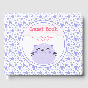Cute Purple Cat Lilac Hearts Baby Shower Guest Book