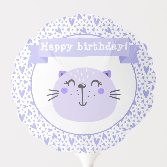 Cute Purple Cat & Lilac Hearts - Kids Birthday
