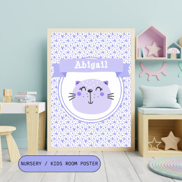 Cute Purple Cat & Lilac Hearts - Personalized Kids