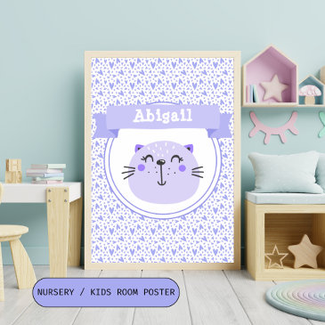 Cute Purple Cat & Lilac Hearts - Personalized Kids