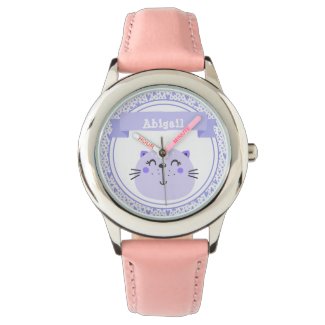 Cute Purple Cat & Lilac Hearts - Personalized Kids Watch
