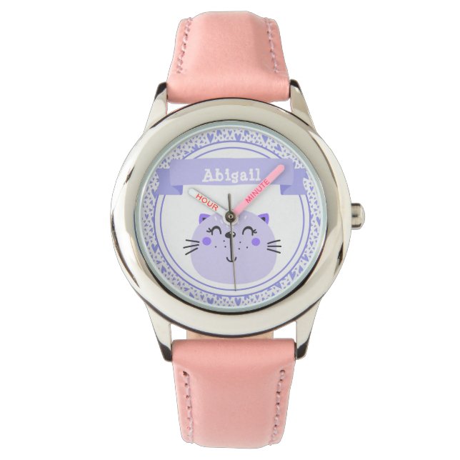 Cute Purple Cat & Lilac Hearts - Personalized Kids Watch (Front)