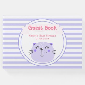 Cute Purple Cat | Lilac Striped Baby Shower Guest Book