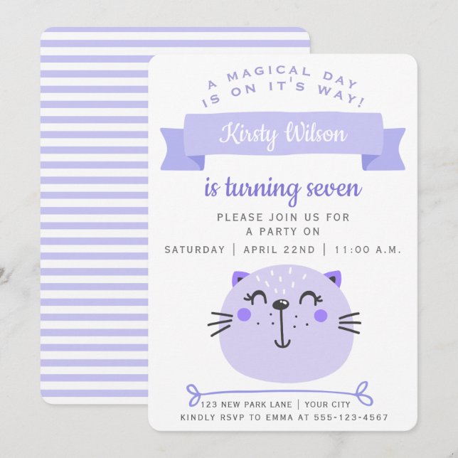 Cute Purple Cat | Lilac Stripes - Kids Birthday Invitation (Front/Back)