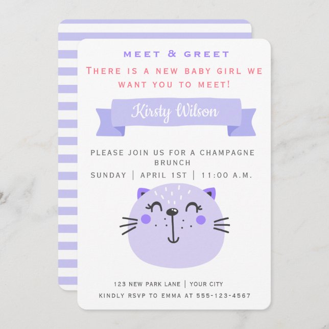Cute Purple Cat | Meet & Greet New Baby Invitation (Front/Back)