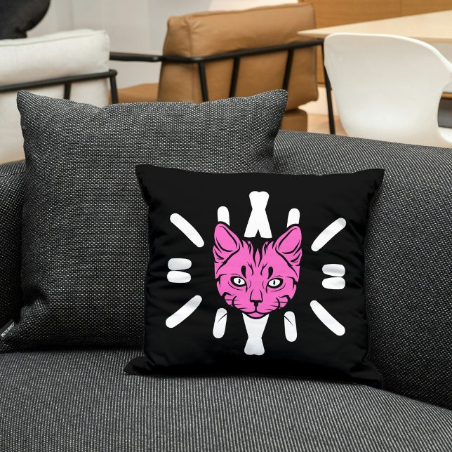 Cute Purple Cat On White Stripes Black Modern Throw Pillow (Creator Uploaded)
