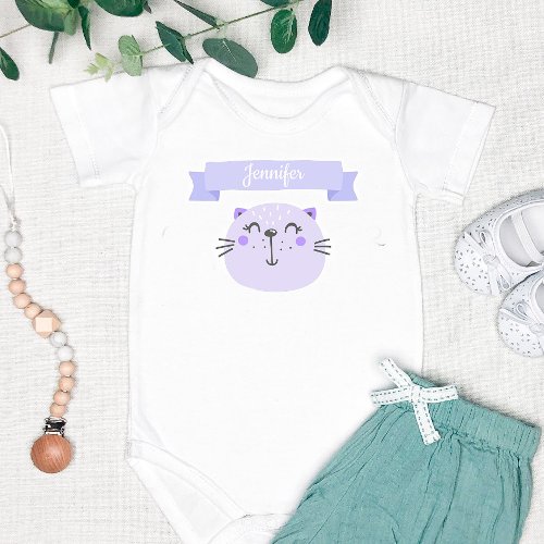 Cute Purple Cat  Personalized Baby Bodysuit