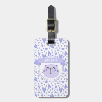 Cute Purple Cat | Personalized Lilac Hearts Kids Luggage Tag