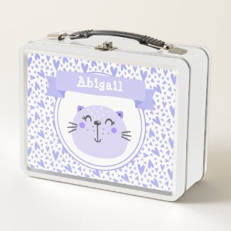 Cute Purple Cat | Personalized Lilac Hearts Lunch 