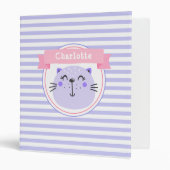 Cute Purple Cat Personalized Lilac Striped Kids 3 Ring Binder (Front/Inside)