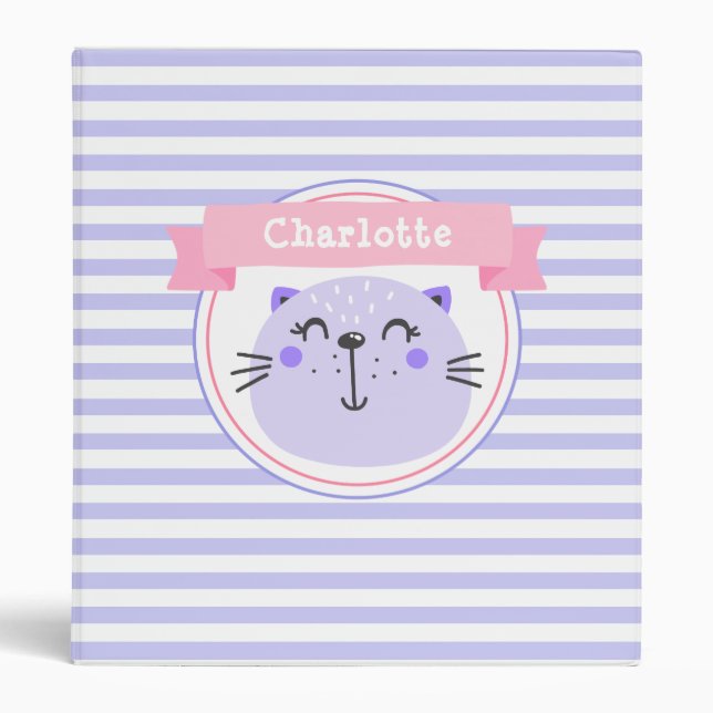 Cute Purple Cat Personalized Lilac Striped Kids 3 Ring Binder (Front)