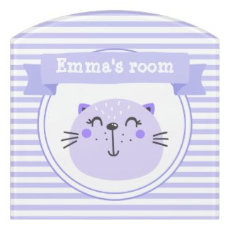 Cute Purple Cat | Personalized Lilac Striped Kids Door Sign