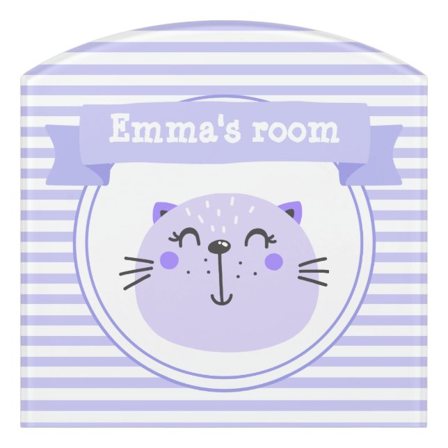 Cute Purple Cat | Personalized Lilac Striped Kids Door Sign (Contour Front)