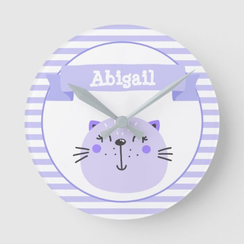 Cute Purple Cat  Personalized Nursery or Kids Round Clock