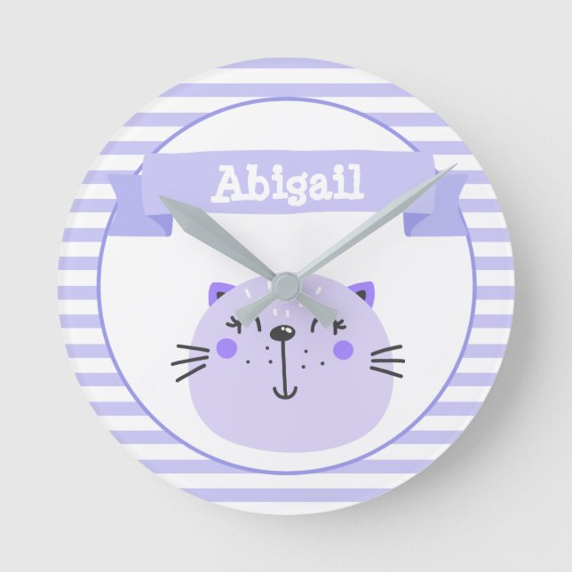 Cute Purple Cat | Personalized Nursery or Kids' Round Clock (Front)