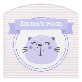 Cute Purple Cat | Personalized Pink Striped Kids Door Sign