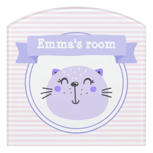 Cute Purple Cat  Personalized Pink Striped Kids Door Sign