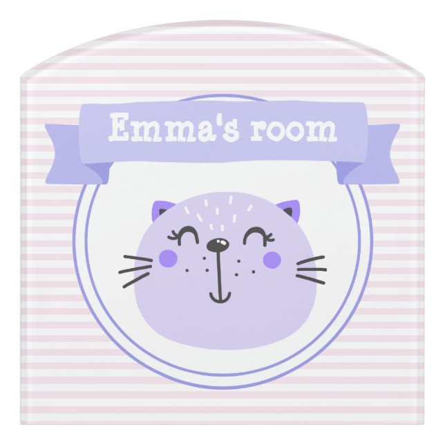 Cute Purple Cat | Personalized Pink Striped Kids Door Sign (Contour Front)