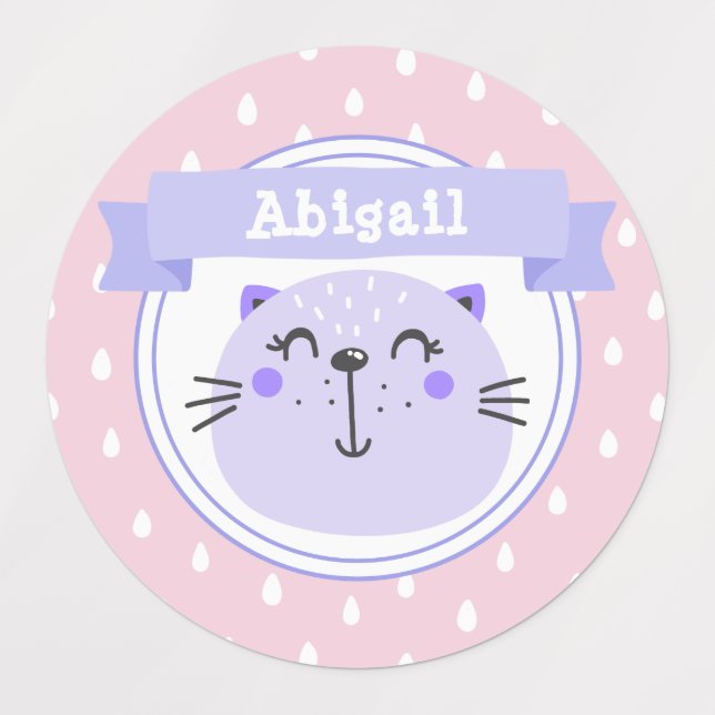 Cute Purple Cat - Pink Personalized Kids' Labels (Design 1)