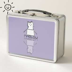 Cute Purple Cat Reflection Doodle Custom Name Metal Lunch Box