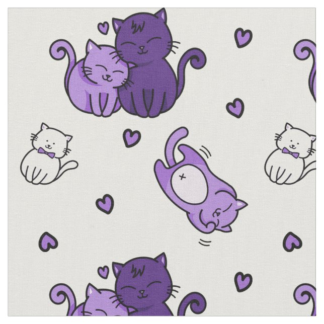 Cute Purple Cats on White Cheeky Witch® Cat Lovers Fabric (Close Up)