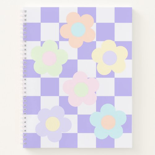 Cute Purple Checkerboard and Pastel Flowers Notebook