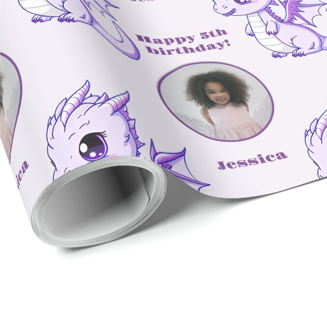 Cute Purple Chibi Dragon Custom Photo Text Wrapping Paper (Roll Corner)