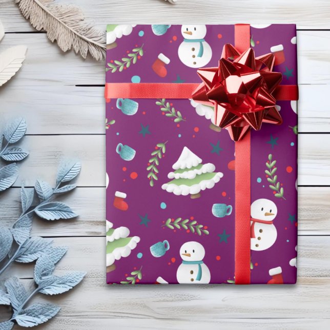 Cute Purple Christmas Snowman Pattern  Wrapping Paper (Creator Uploaded)
