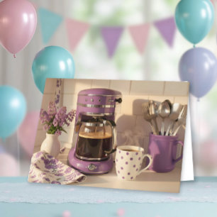 Cute Purple Coffee Themed Happy Birthday Card