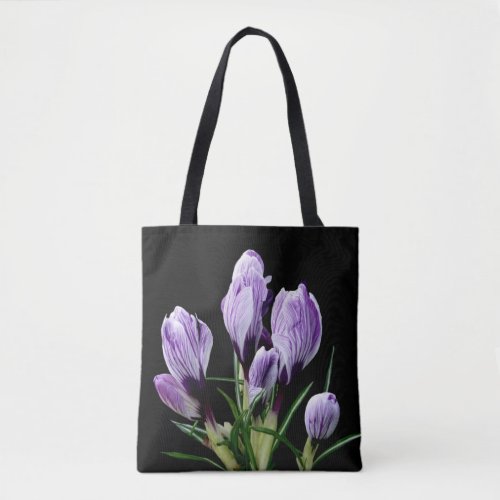 Cute purple crocus floral trendy girly lady black  tote bag