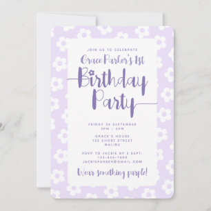Cute Purple Daisy Pattern 1st Birthday Party Invitation