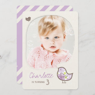 Cute Purple Damask Bird Girl Photo Birthday Party Invitation