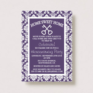 Cute Purple Damask Home Sweet Home Housewarming Invitation