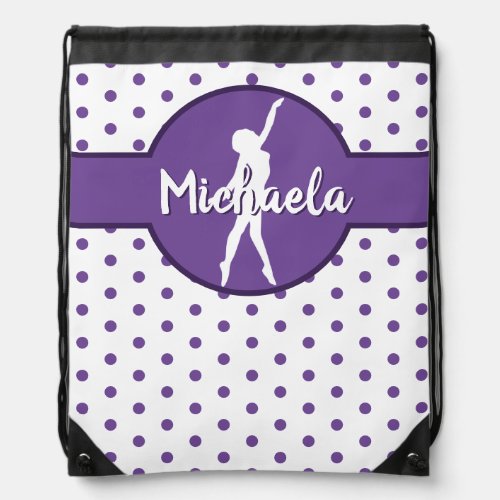 Cute Purple Dance Gymnastics Ballet Name Polka Dot Drawstring Bag