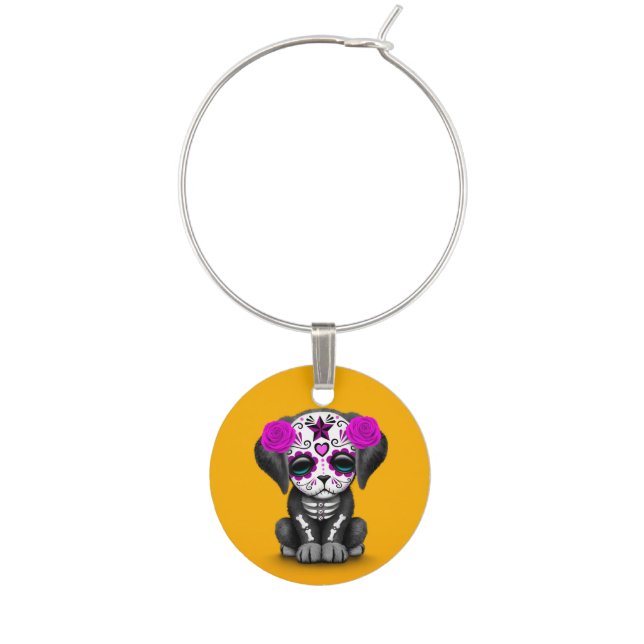 Cute Purple Day of the Dead Puppy Dog Yellow Wine Charm (Front)