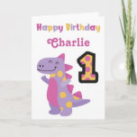 Cute Purple Dinosaur 1st Birthday Card<br><div class="desc">Celebrate a special 1st birthday with the adorable,  bright and colorful dinosaur birthday. Personalize the name to create the perfect card.</div>