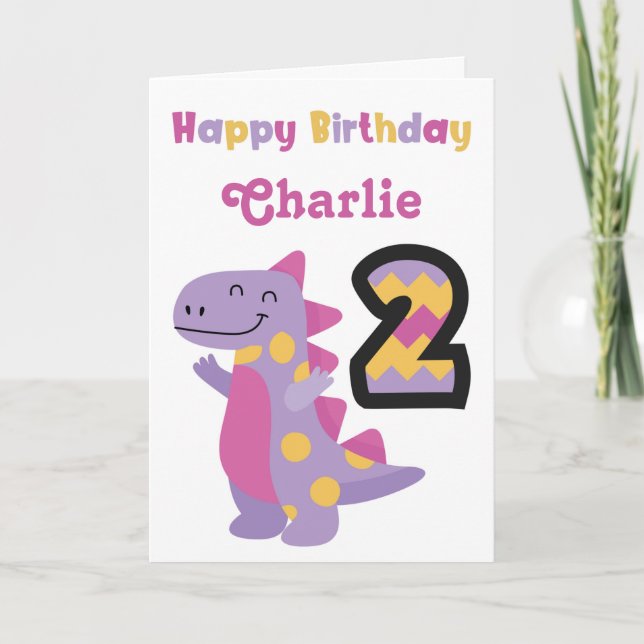 Cute Purple Dinosaur 2nd Birthday Card (Front)