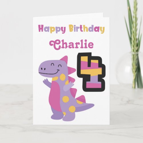 Cute Purple Dinosaur 4th Birthday Card