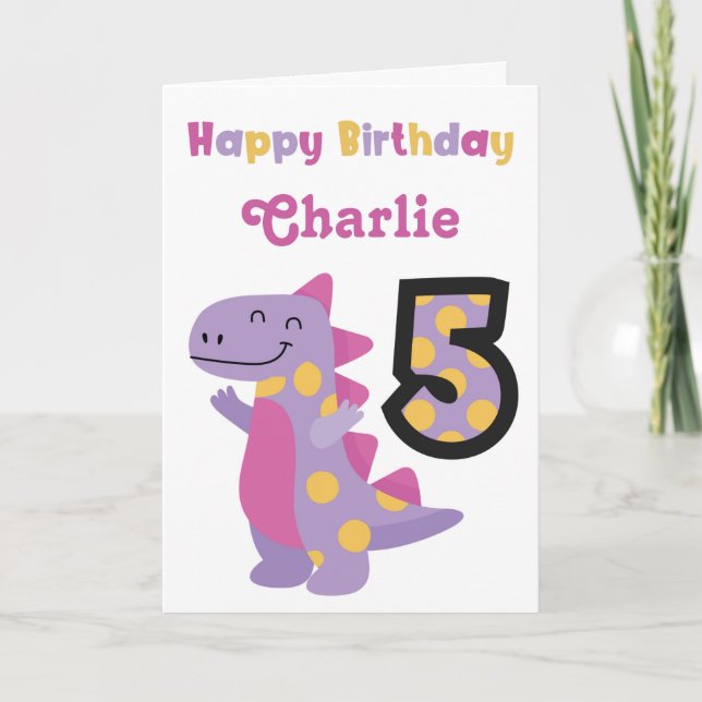 Cute Purple Dinosaur 5th Birthday Card (Front)