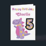 Cute Purple Dinosaur 5th Birthday Card<br><div class="desc">Celebrate a special 5th birthday with the adorable,  bright and colorful dinosaur birthday. Personalize the name to create the perfect card.</div>