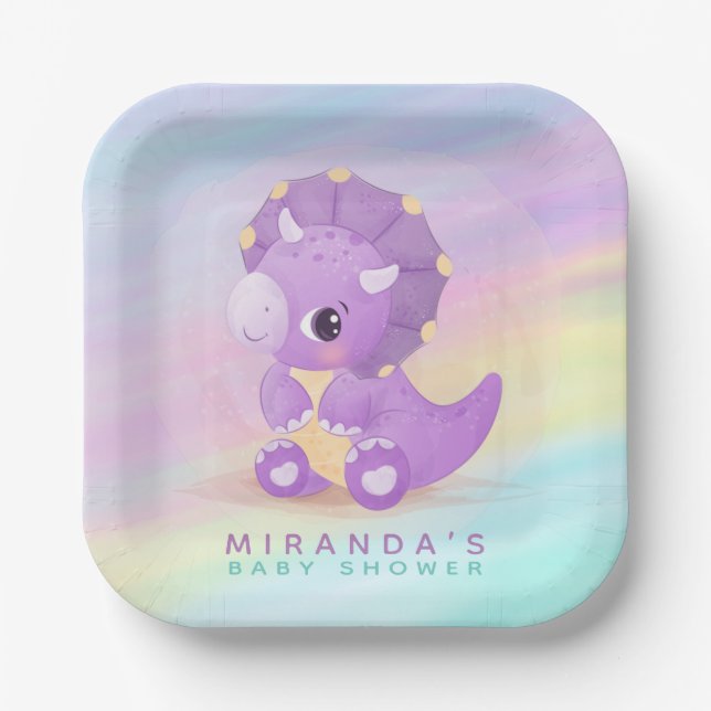 Cute Purple Dinosaur Baby Shower  Paper Plates (Front)