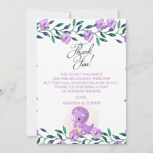 Cute Purple Dinosaur Baby Shower Thank You Card