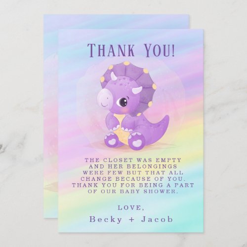 Cute Purple Dinosaur Baby Shower Thank You Card 