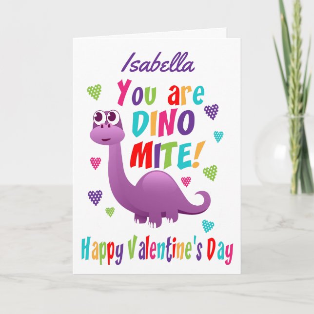 Cute Purple Dinosaur Dinomite Valentines Day Card (Front)